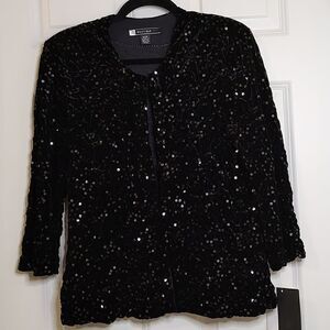 J S Boutique Sequined Quilted Stretch Velvet Special Occasion Jacket Black NWT